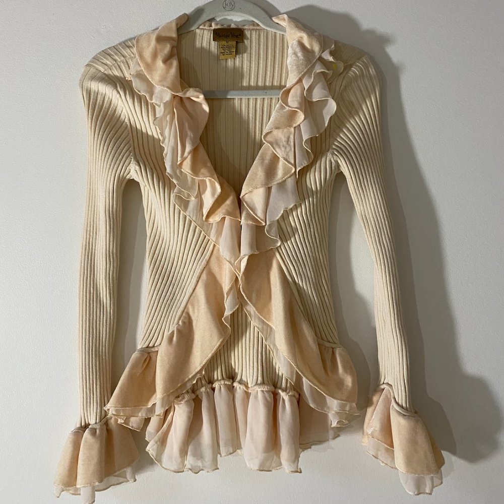 Y2K Ruffle Knit Cardigan Top Cream Size M